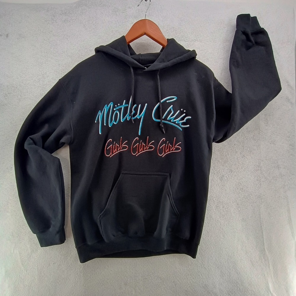 Gildan Mens Motley Crue Girls Girls Girls Graphic Hoodie Black Fleece Small Good